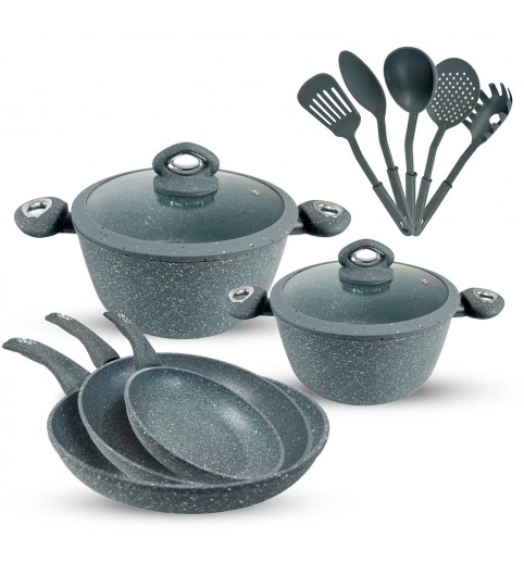 BATTERIA 12PZ 3 PADELLE + 2 CASSERUOLA + 2 COPERCHIO + 5 MESTOLI  ANTIADERENTE GRAN PIERRE