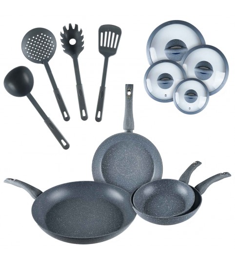 BATTERIA 12PZ 4 PADELLE + 4 COPERCHI + 4 MESTOLI ANTIADERENTE GRAN PIERRE