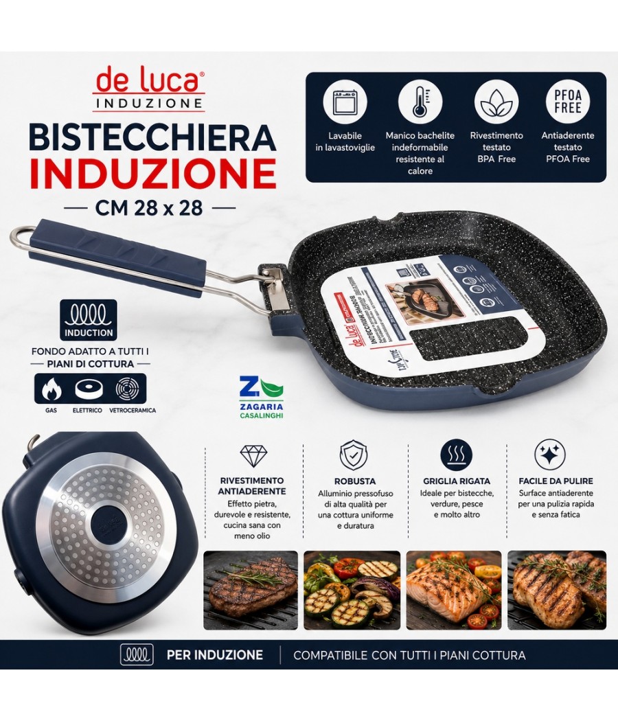 BISTECCHIERA D-28X28 MANICO PIEGHEVOLE ANTIADERENTE INDUZIONE DE LUCA