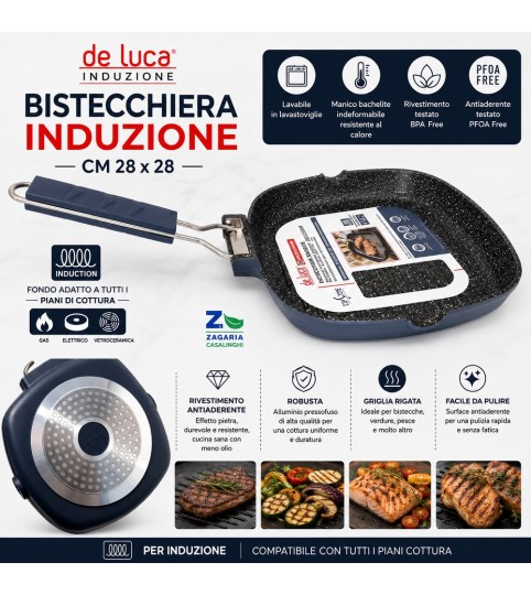 BISTECCHIERA D-28X28 MANICO PIEGHEVOLE ANTIADERENTE INDUZIONE DE LUCA