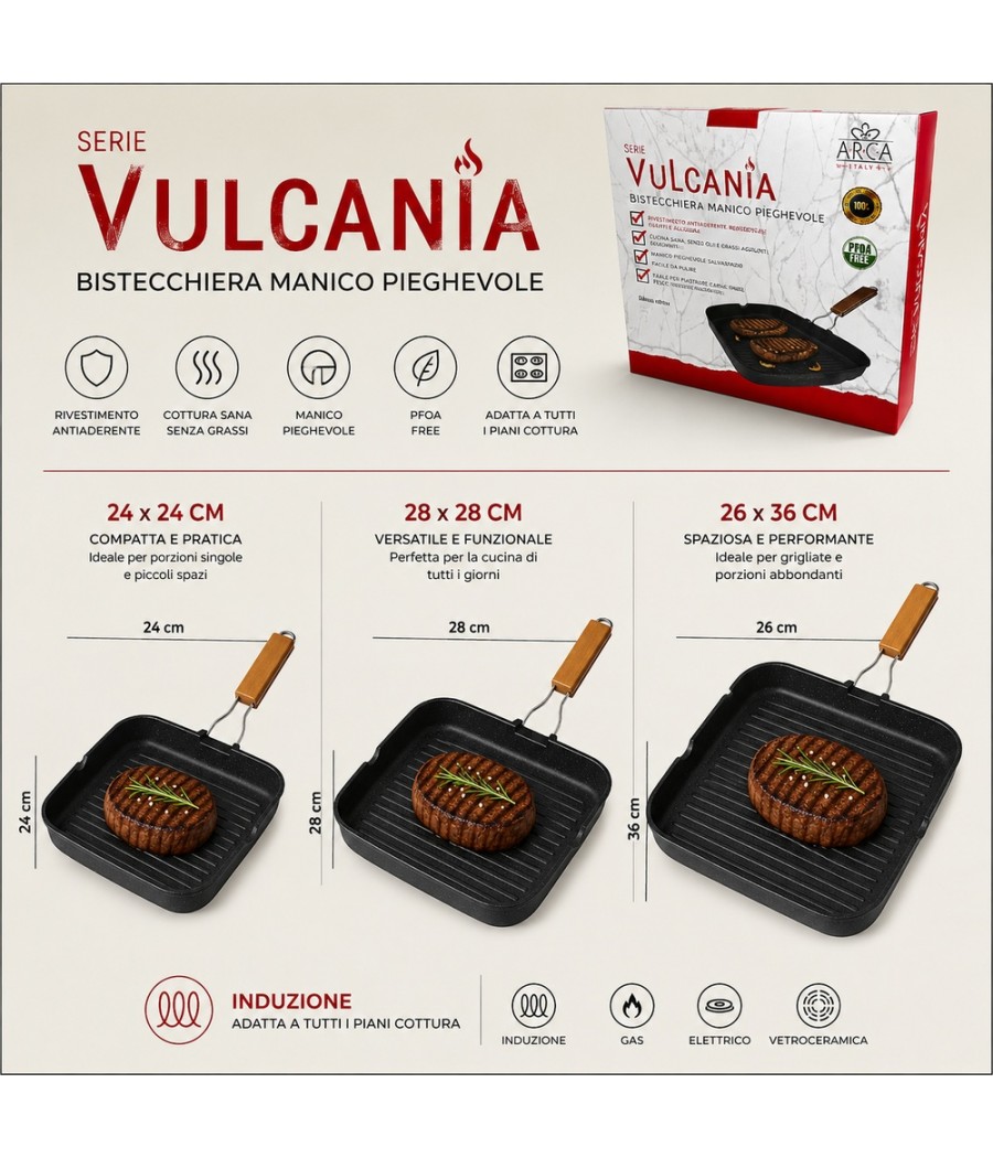 BISTECCHIERA VULCANIA 1450  28X28 MANICO PIEGHEVOLE INDUZIONE