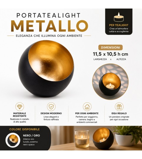PORTA CANDELA IN METALLO 109719 NERO E ORO