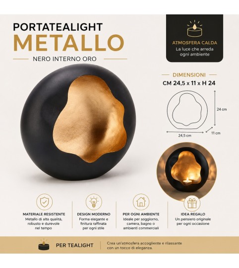 PORTA CANDELA IN METALLO 109722 NERO E ORO
