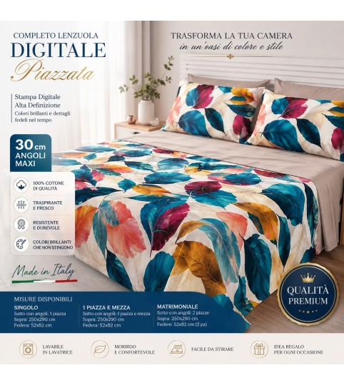 COMPLETO LENZUOLA 2 POSTI ALAMY COPRILETTO 4 FEDERE COTONE COTONIDEA