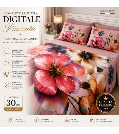 COMPLETO LENZUOLA 2 POSTI CHIARA COPRILETTO 4 FEDERE COTONE COTONIDEA