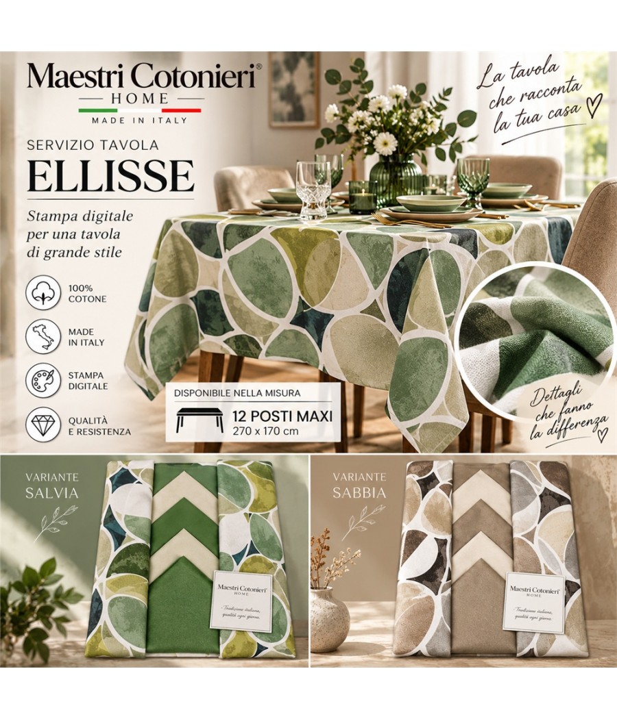 Servizio tavola Ellisse per 12 posti in cotone: ellissi sovrapposte con stampa digitale, 270 × 170 cm