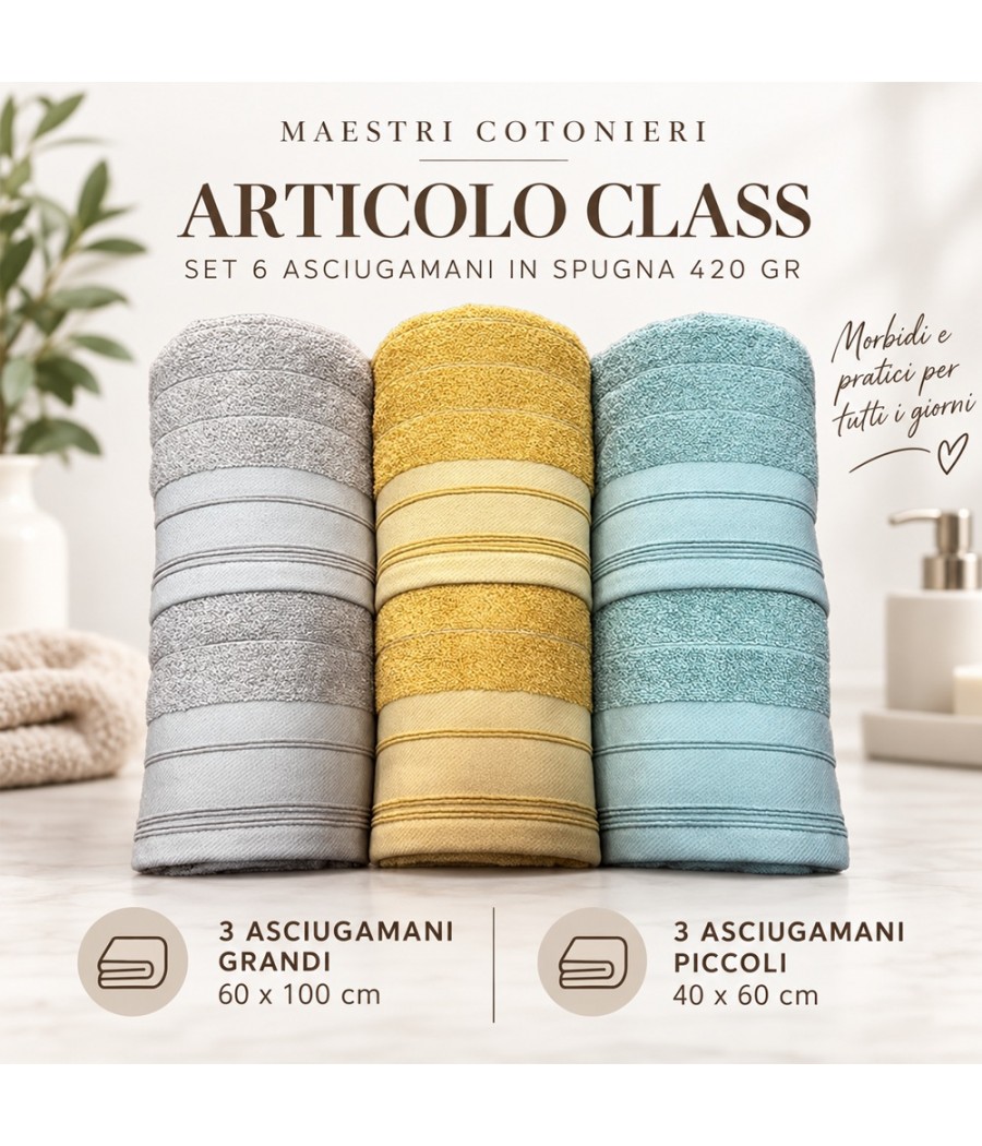 Set asciugamani Class 3+3 in spugna 420 g/m²: tre asciugamani 60 x 100 cm e tre 40 x 60 cm