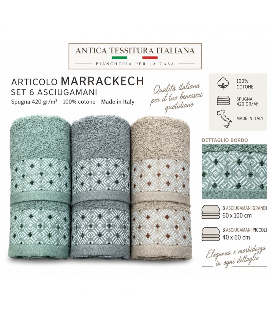 Set asciugamani Marrakech 3+3 in cotone con bordo geometrico, misure 60 × 100 e 40 × 60 cm
