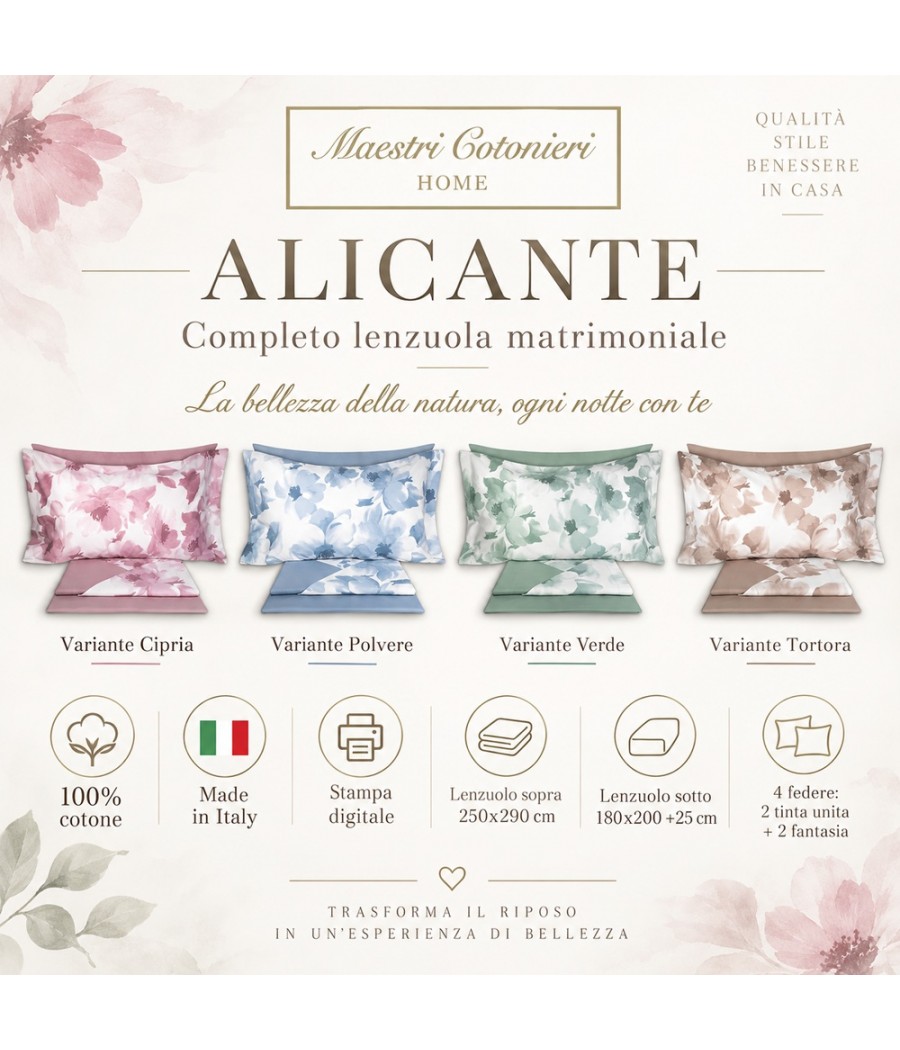 Completo lenzuola Alicante matrimoniale in cotone: fantasia floreale con stampa digitale, 4 federe