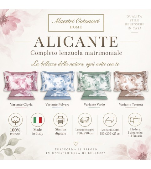 COMPLETO LENZUOLA 2 POSTI ALICANTE 4 FEDERE COT/100% MAESTRI COTONIERI