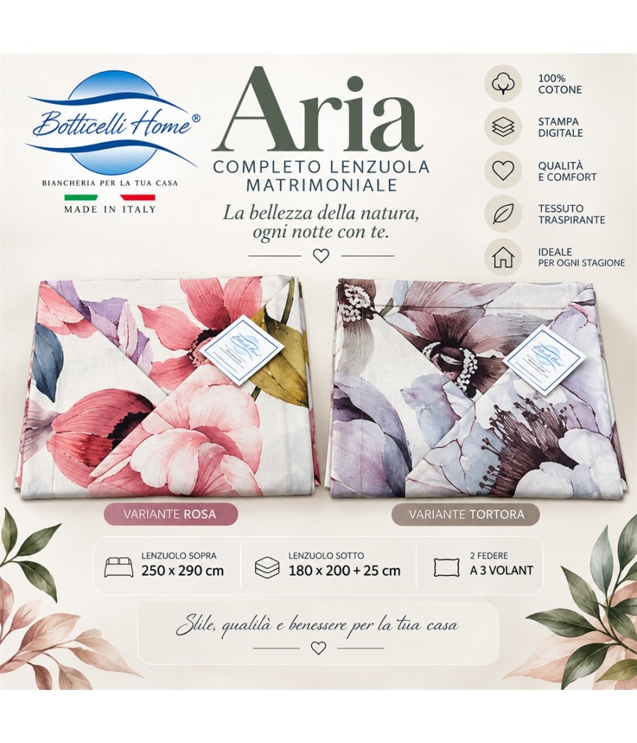 Completo lenzuola Aria matrimoniale in cotone: fantasia floreale con stampa digitale, 2 federe
