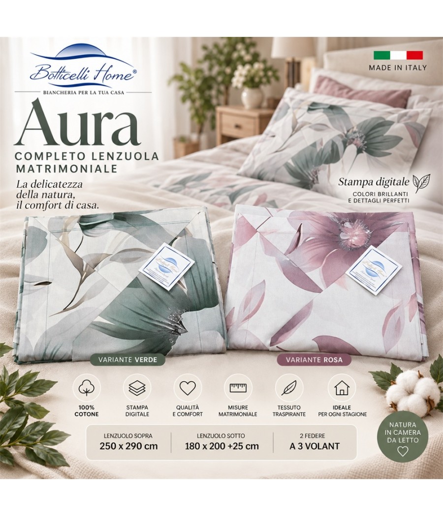 Completo lenzuola Aura matrimoniale in cotone: grandi fiori con stampa digitale, 2 federe