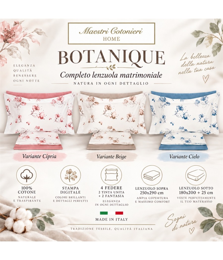 Completo lenzuola Botanique matrimoniale in cotone: piccoli fiori con stampa digitale, 4 federe