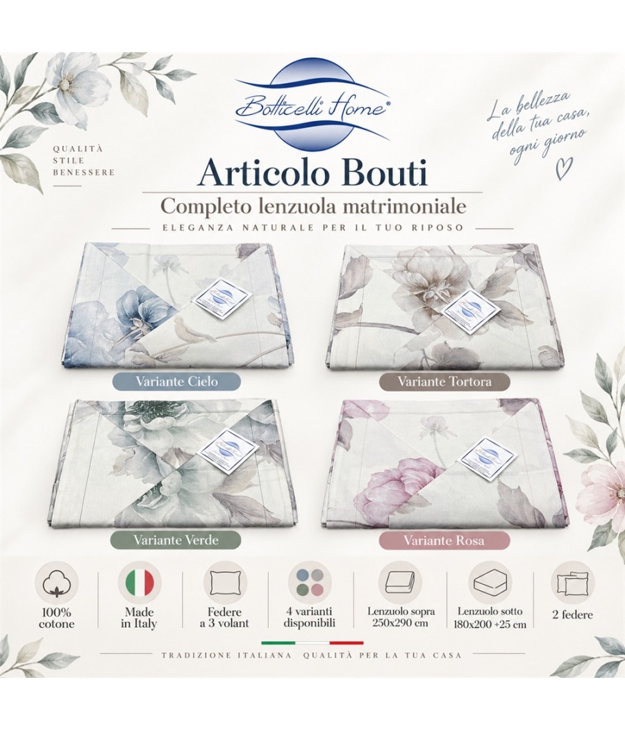 Completo lenzuola Bouti matrimoniale in cotone: fantasia floreale con stampa digitale, 2 federe