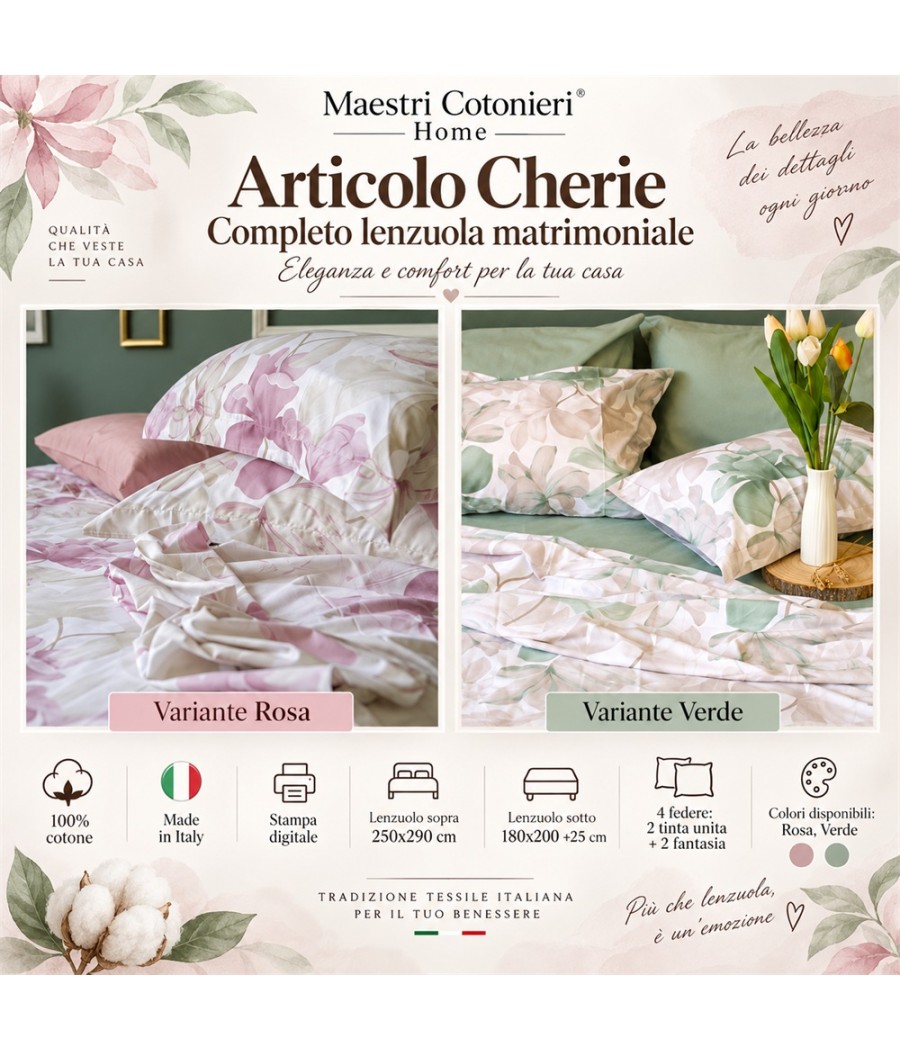 Completo lenzuola Cherie matrimoniale in cotone: fantasia floreale con stampa digitale, 4 federe