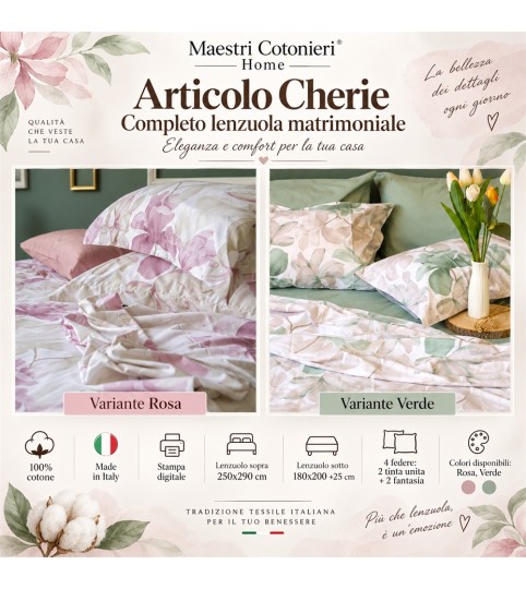 COMPLETO LENZUOLA 2 POSTI CHERIE 4 FEDERE COT/100% MAESTRI COTONIERI