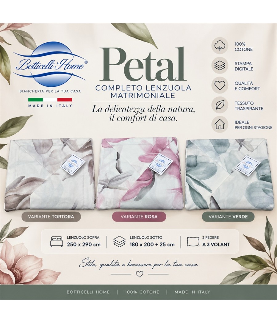Completo lenzuola Petal matrimoniale in cotone: motivo floreale con stampa digitale, 2 federe