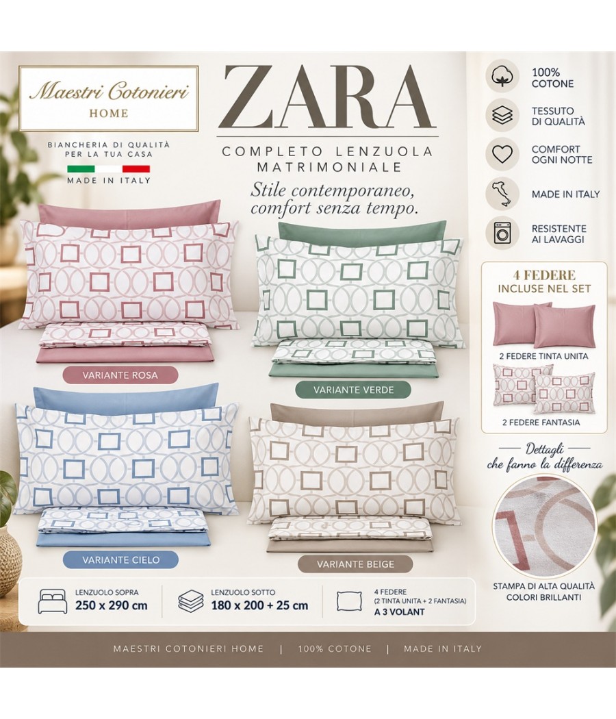 Completo lenzuola Zara matrimoniale in cotone: motivo geometrico di cerchi e quadrati, 4 federe