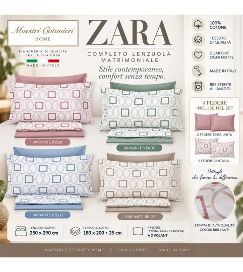 COMPLETO LENZUOLA 2 POSTI ZARA 4 FEDERE COT/100% MAESTRI COTONIERI