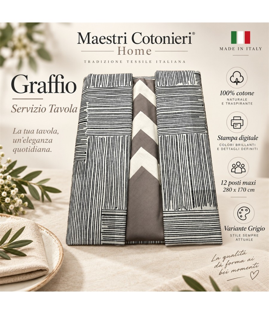 Servizio tavola Graffi per 12 posti in cotone: motivo a righe irregolari con stampa digitale, 280 × 170 cm