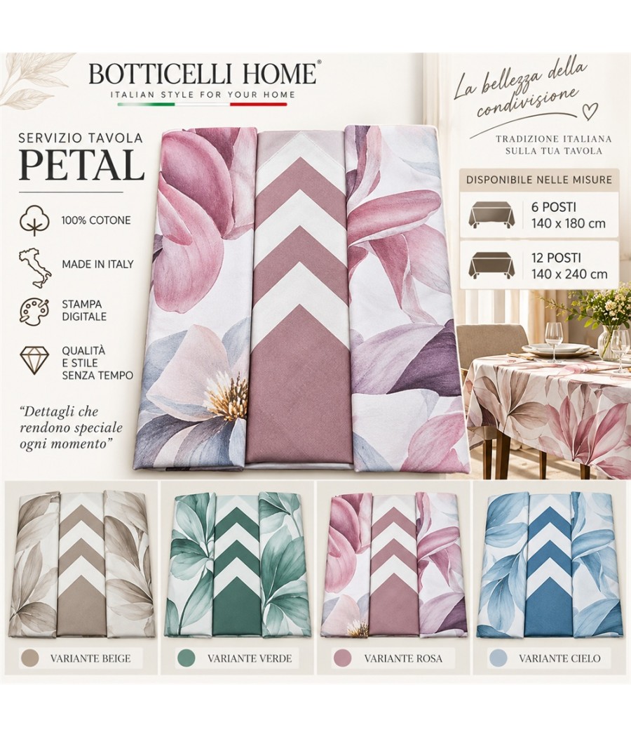 Servizio tavola Petal per 12 posti in cotone: motivo floreale con stampa digitale, 140 × 240 cm