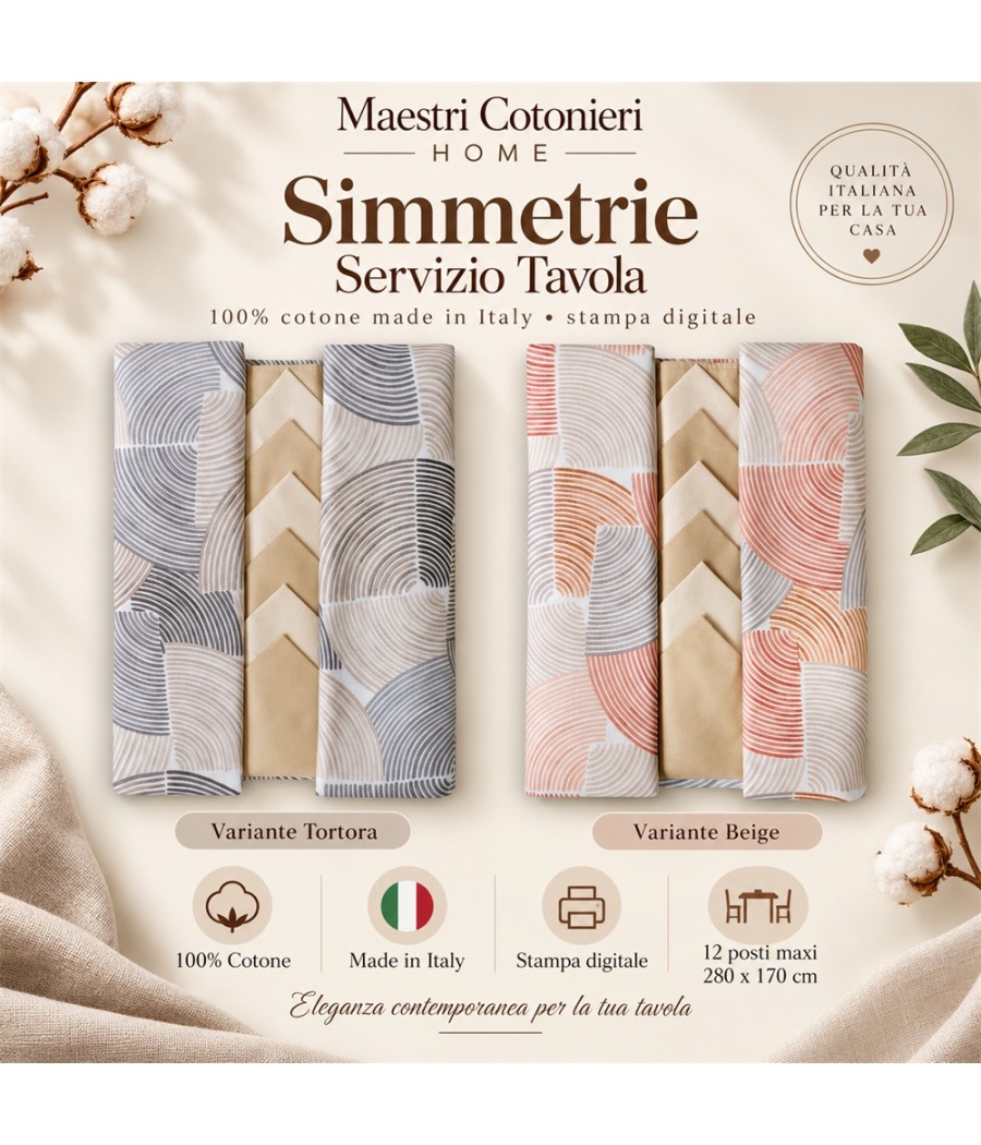 Servizio tavola Simmetrie per 12 posti in cotone: motivo geometrico ad archi con stampa digitale, 280 × 170 cm