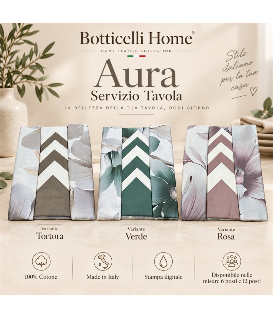 Servizio tavola Aura per 6 posti in cotone: grandi fiori con stampa digitale