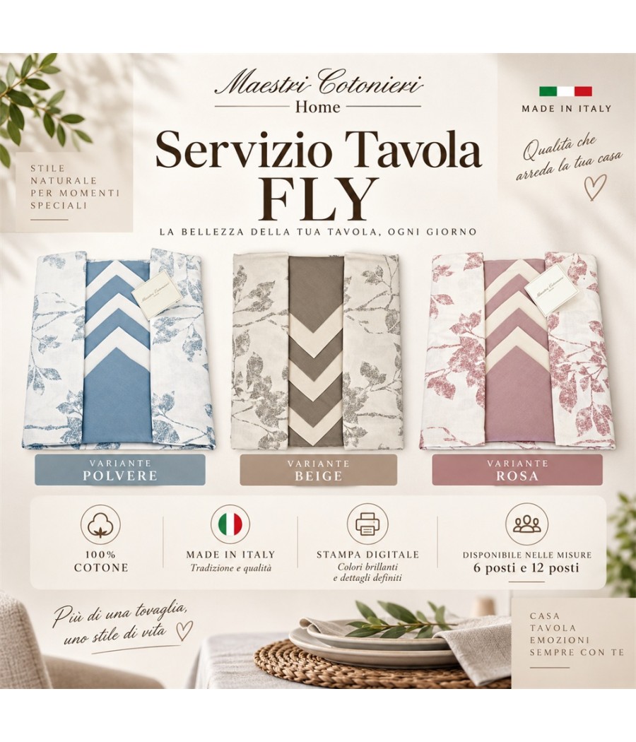 Servizio tavola Fly per 6 posti in cotone: motivo floreale con stampa digitale