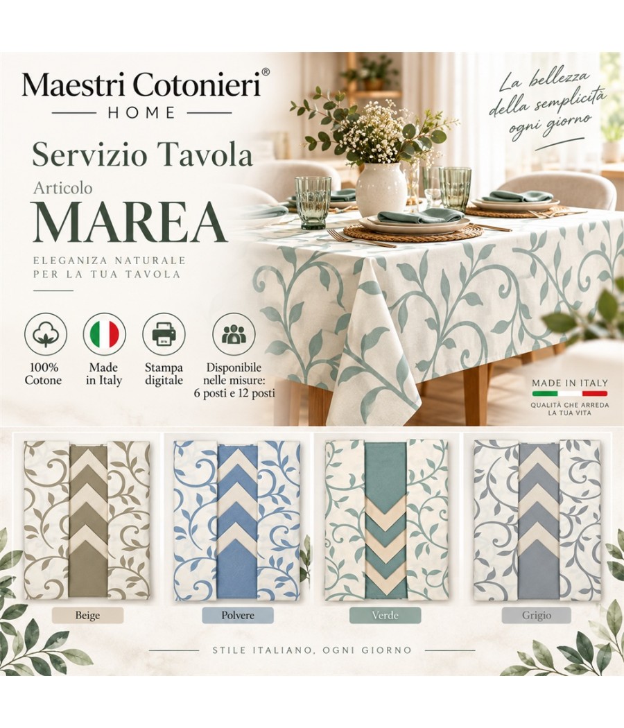 Servizio tavola Marea per 6 posti in cotone: motivo vegetale con stampa digitale