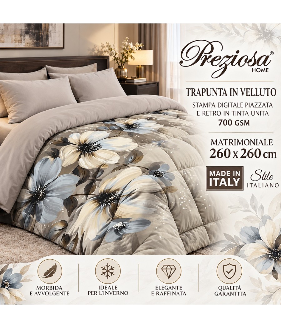 Trapunta Esmeralda matrimoniale in velluto 260 × 260 cm: grandi fiori con stampa digitale piazzata e retro in tinta unita
