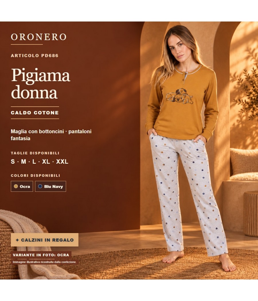 Pigiama donna OroNero OD686 in caldo cotone: maglia ocra con bottoncini e pantaloni fantasia