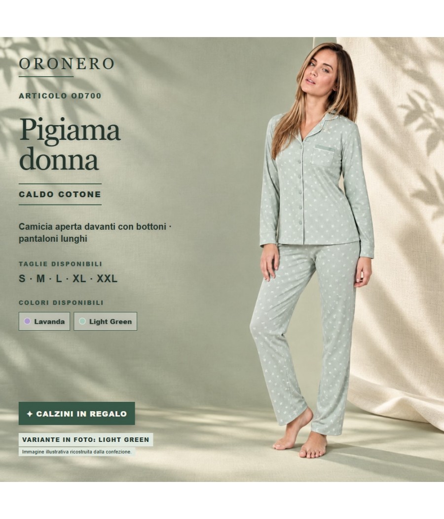 Pigiama donna OroNero OD700 in caldo cotone: camicia con bottoni e pantaloni, variante Light Green