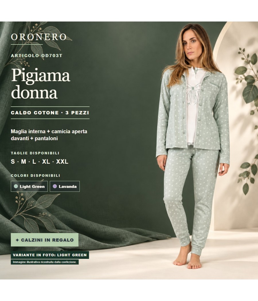 Pigiama donna OroNero OD703T a tre pezzi in caldo cotone, variante Light Green