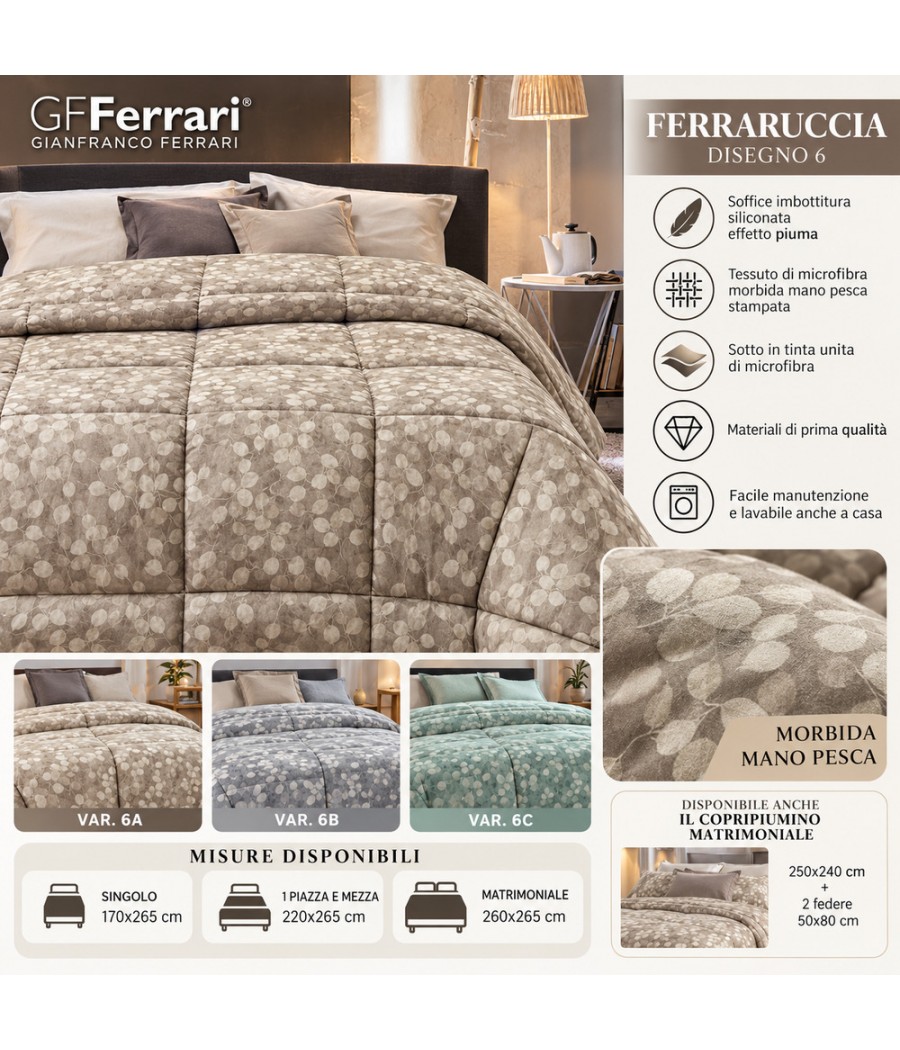 Trapunta matrimoniale Ferraruccia 6A GFFerrari beige, microfibra stampata mano pesca, 260 × 265 cm; variante sito 60A