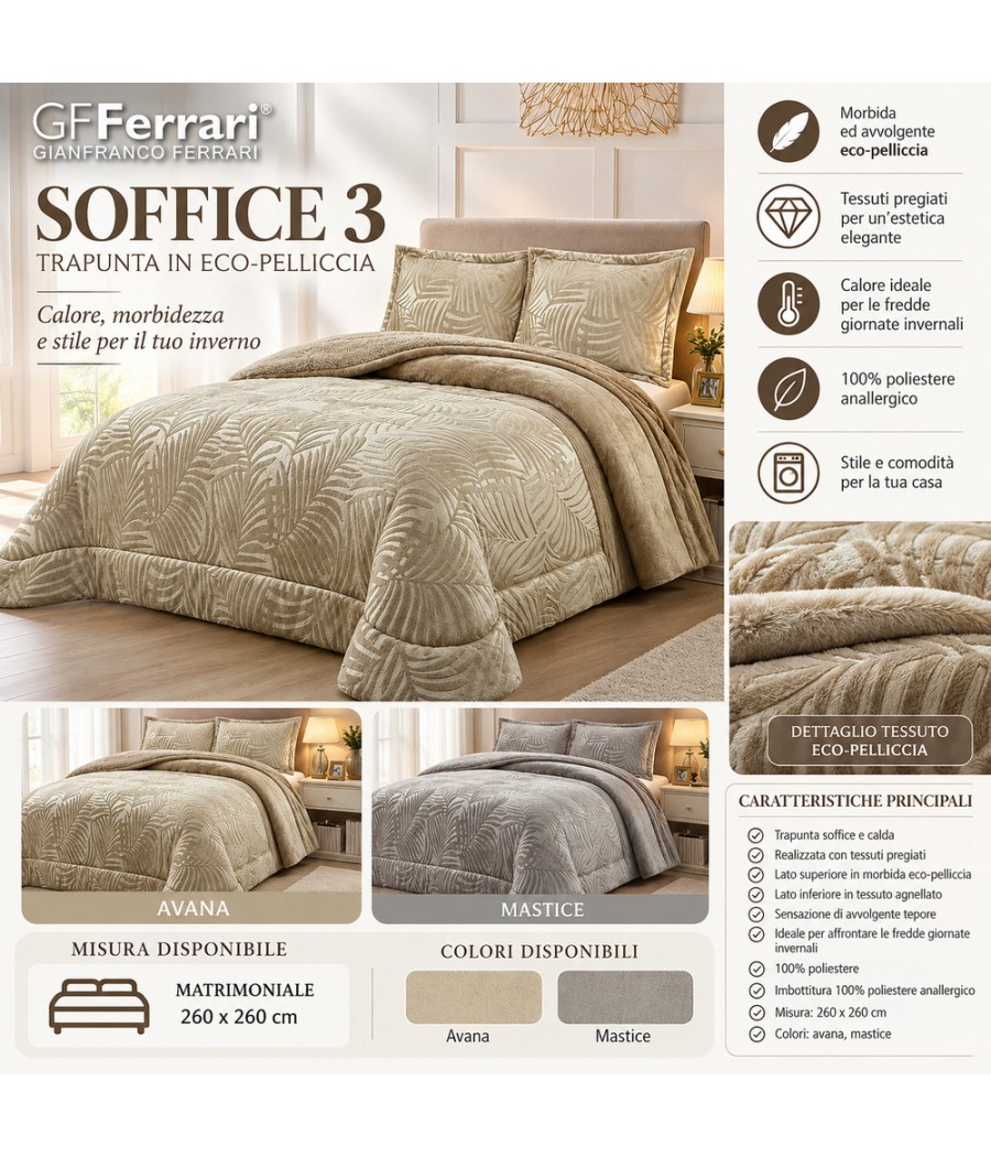 Trapunta matrimoniale Soffice 3 GFFerrari Avana, eco-pelliccia con motivo a foglie in rilievo, 260 × 260 cm