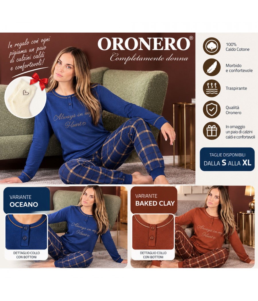 Pigiama donna Oronero OD688 nei colori Oceano e Baked Clay, collo serafino, scritta decorativa e pantaloni a quadri