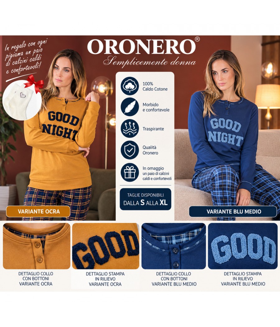 Pigiama donna Oronero OD691 Ocra e Blu Medio, scritta GOOD NIGHT in rilievo, collo serafino e pantaloni a quadri