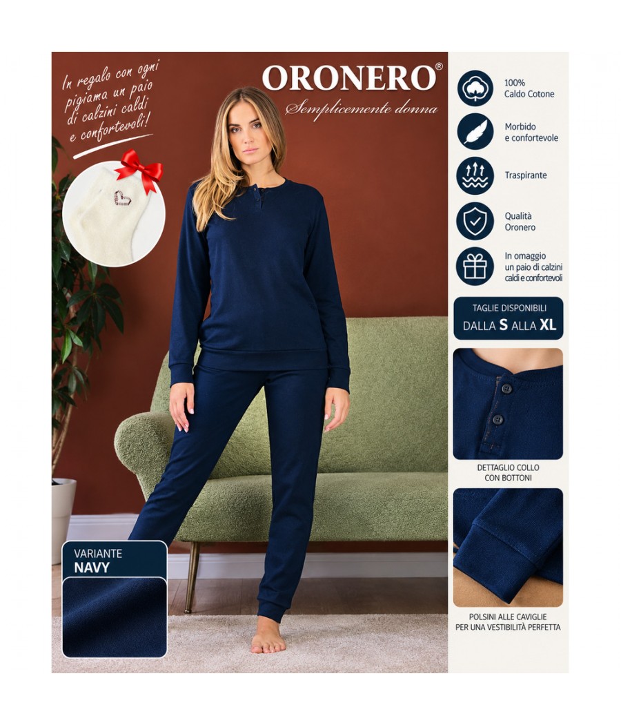Pigiama donna Oronero OD750 Blu Navy tinta unita, collo serafino e pantaloni con polsini in caldo cotone