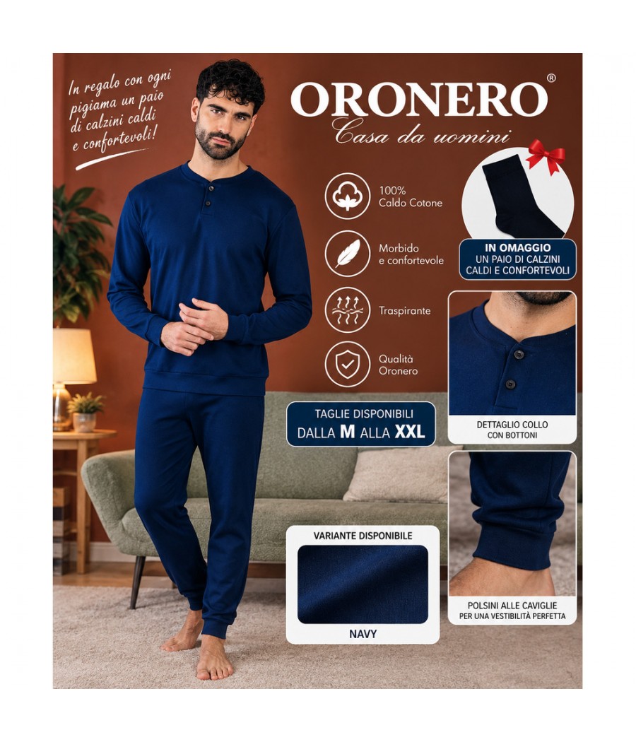 Pigiama uomo Oronero OU1059 Navy tinta unita in caldo cotone, collo serafino e pantaloni con polsini