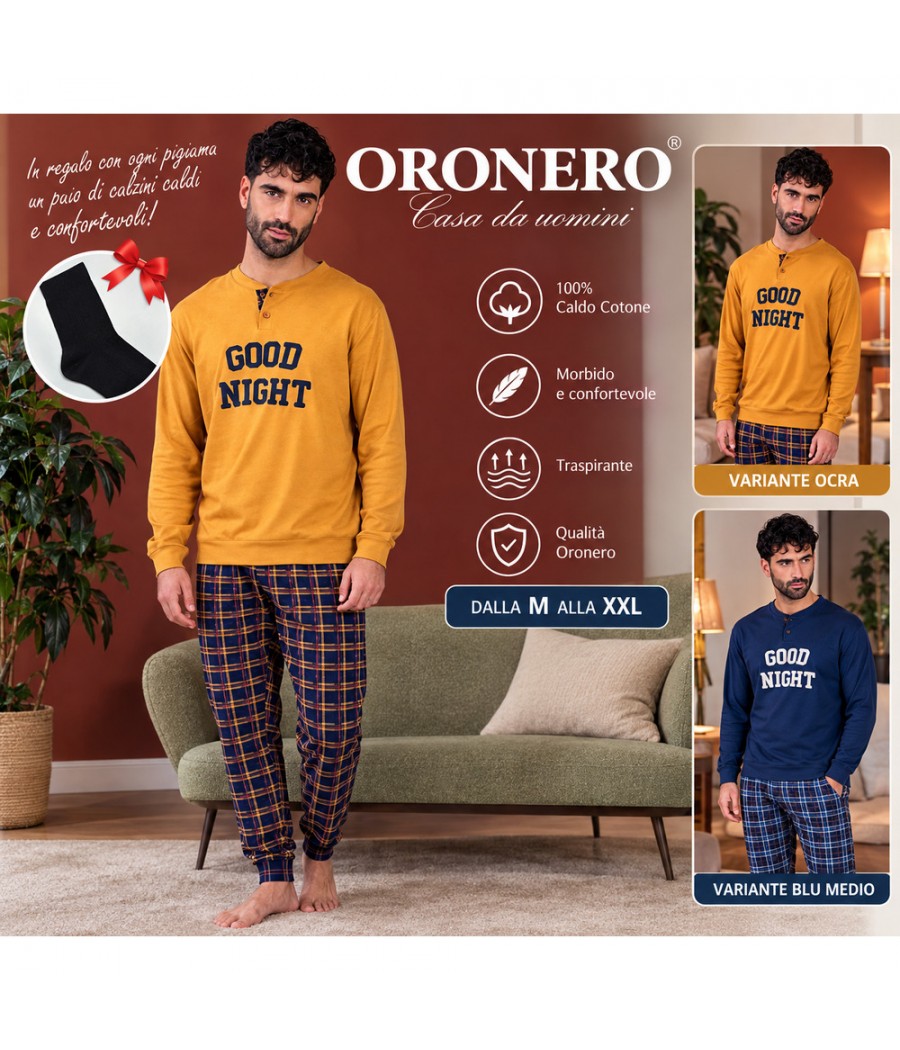 Pigiama uomo Oronero OU740 Ocra con scritta GOOD NIGHT, collo serafino e pantaloni a quadri con polsini