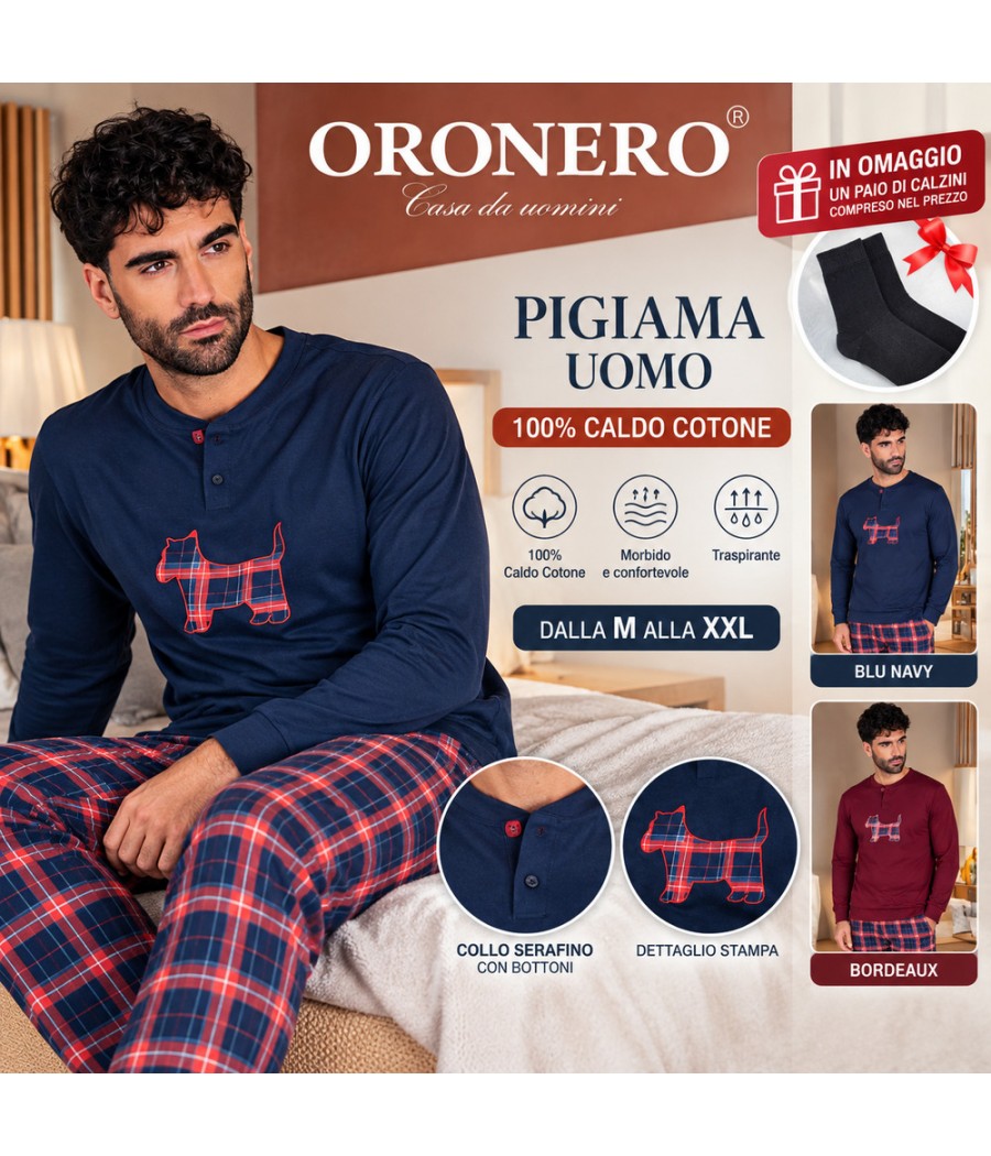 Pigiama uomo Oronero OU749 Blu Navy, collo serafino, stampa cagnolino e pantaloni a quadri in caldo cotone