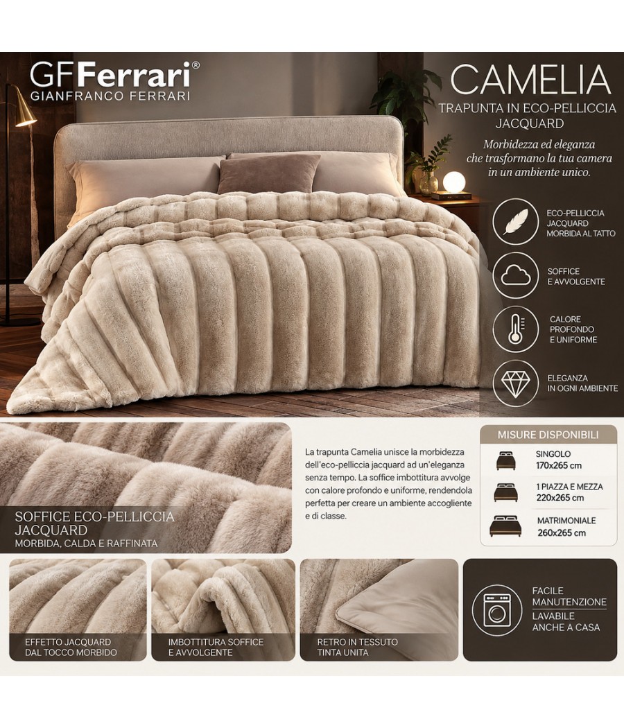 Trapunta matrimoniale Camelia GFFerrari in eco-pelliccia jacquard a rilievo, 260 × 265 cm