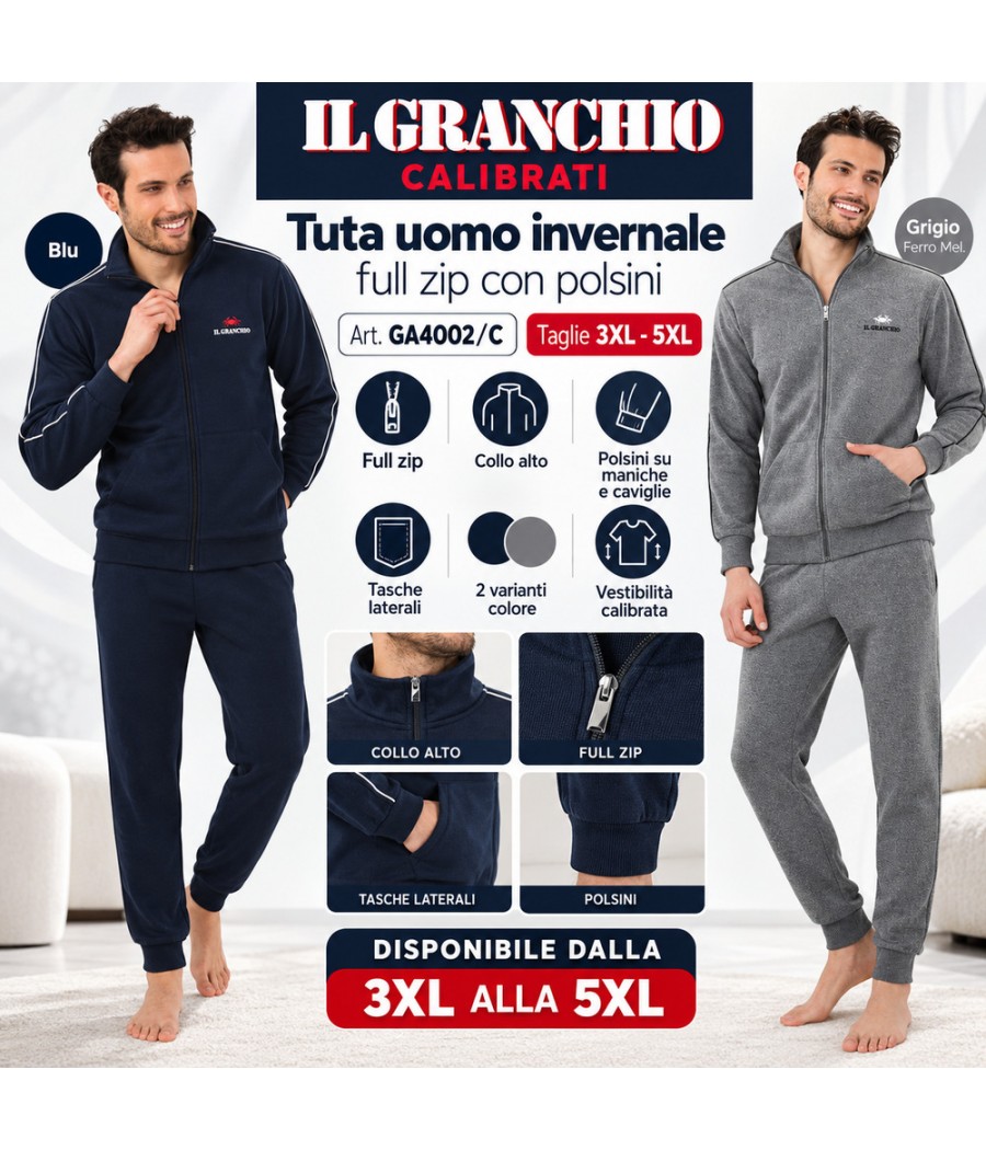 Tuta uomo invernale Il Granchio GA4002C calibrata, blu e grigio, taglie 3XL–5XL