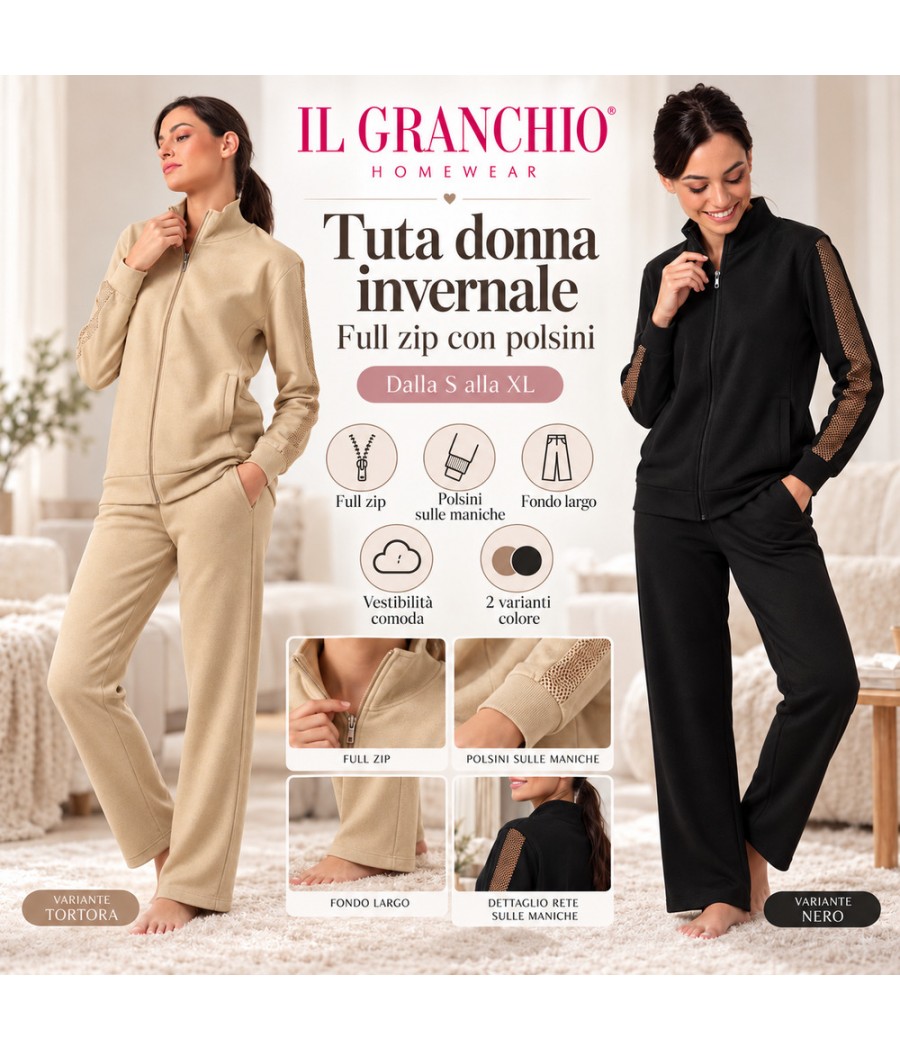 Tuta donna invernale Il Granchio GA6029 full zip, tortora e nero, taglie S–XL