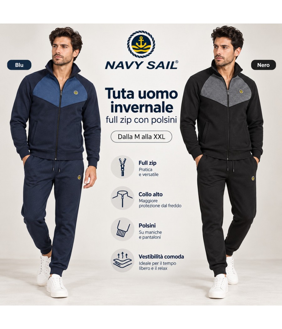 Tuta uomo Navy Sail 26T34 full zip in felpato invernale, blu e nero, taglie M–XXL