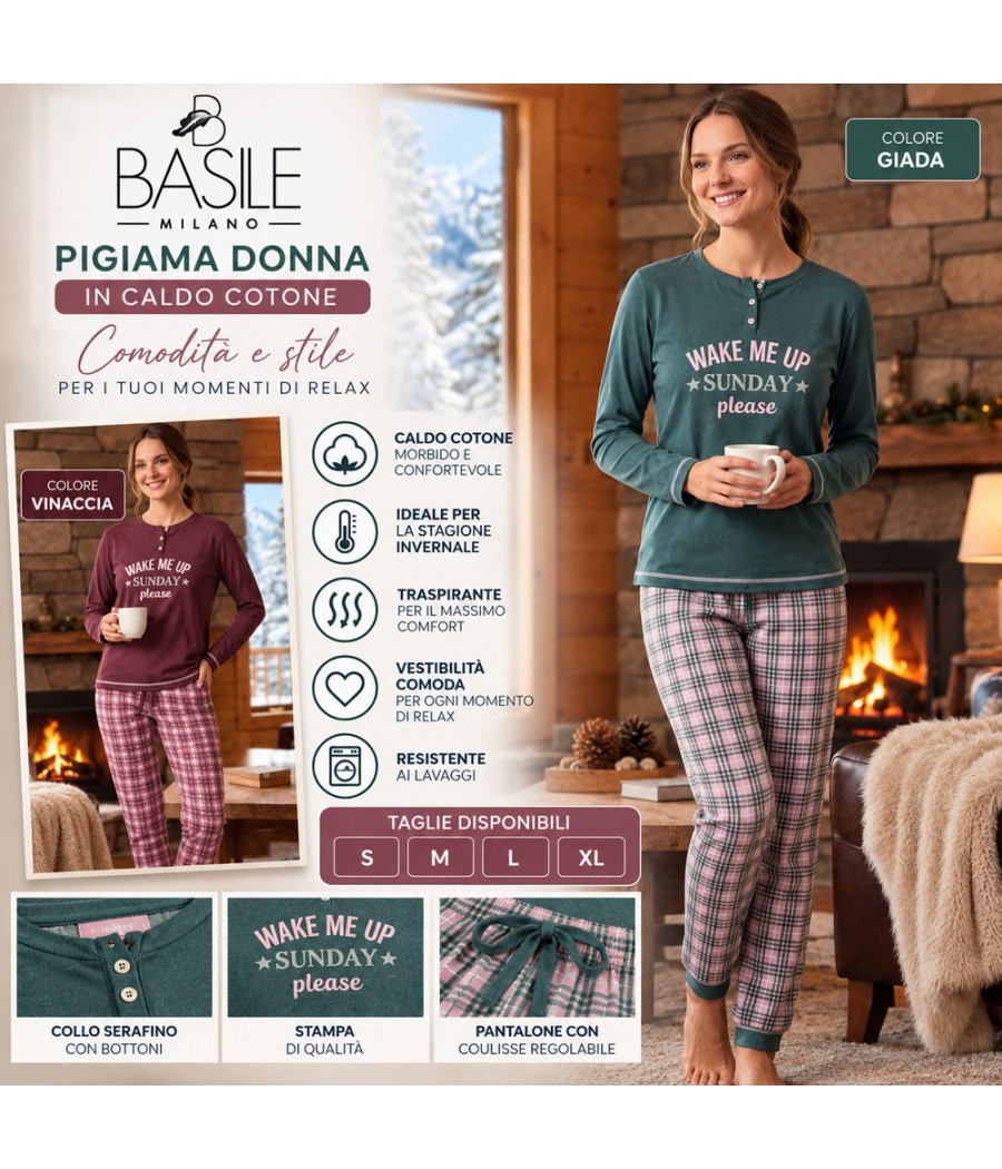 Pigiama donna Basile 4330 interlock con maglia serafino stampata e pantalone a quadri con coulisse, colori Giada e Vinaccia