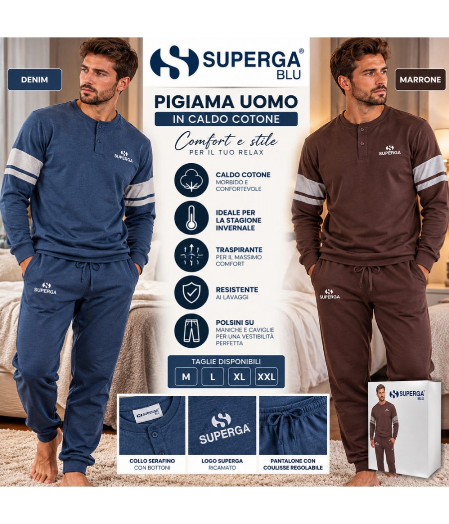 Pigiama uomo Superga 26368 interlock, collo serafino e bande sulle maniche, pantalone con coulisse e polsini, Denim e Marrone