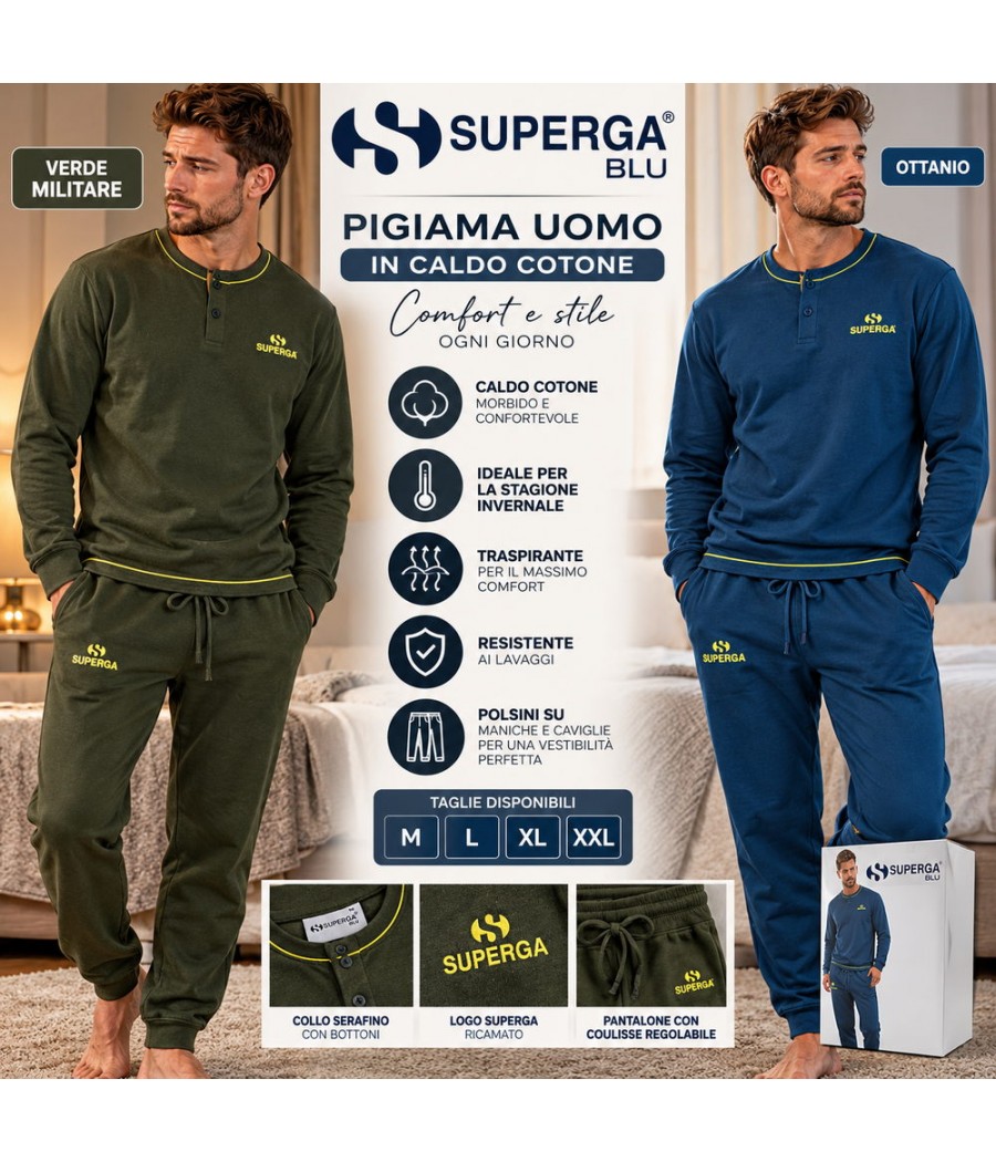 Pigiama uomo Superga 26373 interlock con collo serafino, logo ricamato e pantalone con coulisse e polsini, Ottanio e Verde