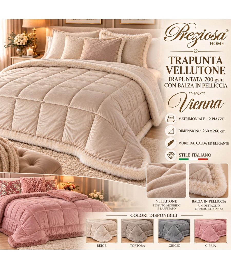 Trapunta matrimoniale Vienna Preziosa Home in vellutone 260x260 cm con balza decorativa e lavorazione trapuntata