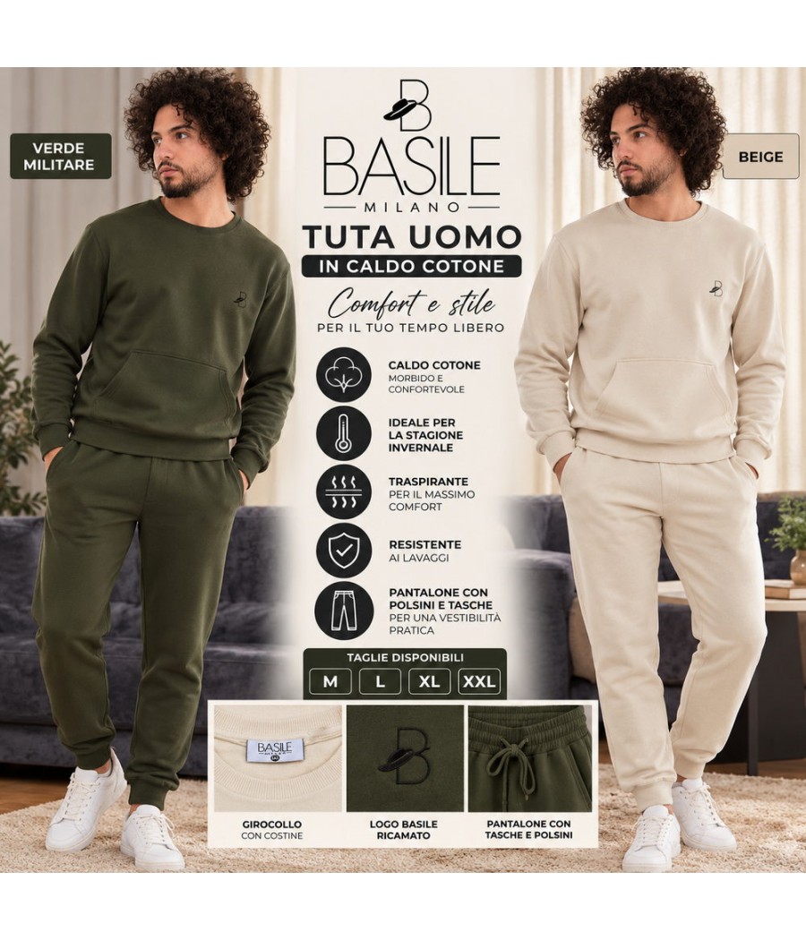 Tuta uomo Basile 2320 in caldo cotone, felpa girocollo e pantalone con tasche, coulisse e polsini, Beige e Verde Militare